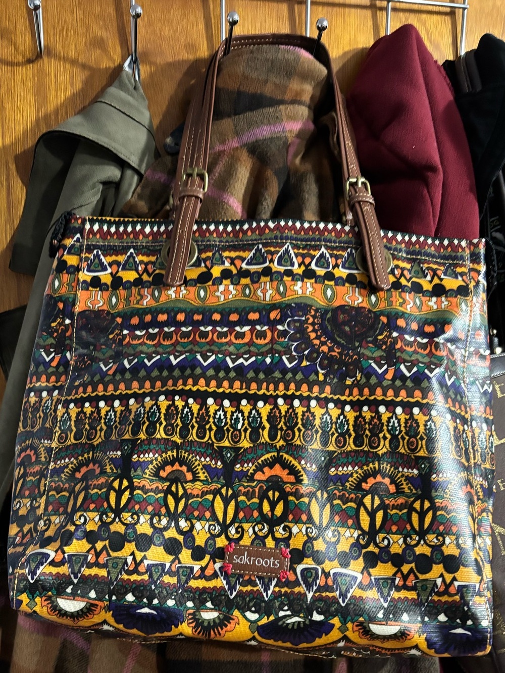 Sakroots Artist Circle Bohemian Pattern Tote with Adjustable Brown Handles